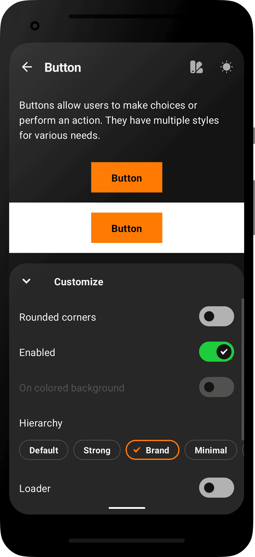 Android app - Button dark section showcase